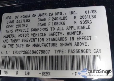 2008 Honda Accord 2.4 Ex-L from USA, damaged, VIN 1HGCP26848A078807